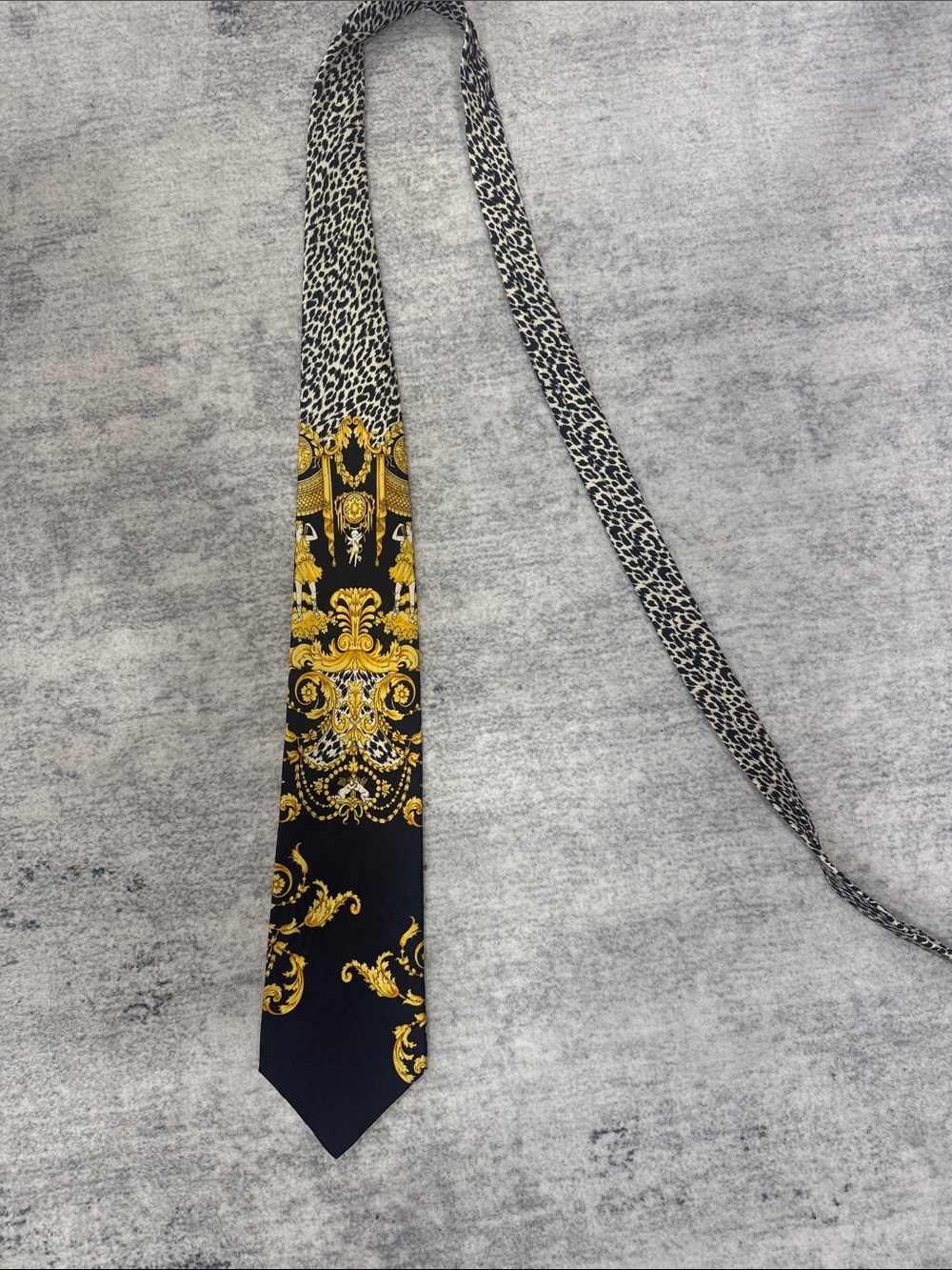 Versace Black and Gold Baroque Tie with Leopard Trim